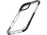 Coque de téléphone transparente avec des accents noirs, montrant le côté et le coin du téléphone.