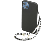 Charger l&#39;image dans la galerie, iPhone noir dans étui noir avec lanière perlée. Lanière avec &#39;DREAM&#39; et breloques étoiles.
