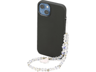 Coque de téléphone noire avec lanière de perles de cristal. La lanière a un pompon rose et des accents dorés.