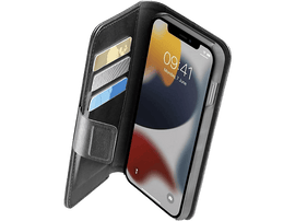 Étui de téléphone noir ouvert. Le téléphone est à l