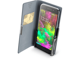 Un smartphone dans un étui gris, ouvert pour afficher l