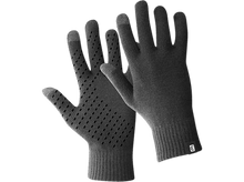 Charger l&#39;image dans la galerie, Une paire de gants gris, avec des perforations noires et un poignet de marque, sur fond noir.
