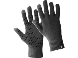 Une paire de gants gris, avec des perforations noires et un poignet de marque, sur fond noir.