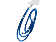 Lanière de téléphone bleue avec attaches métalliques, suspendue à un support transparent.