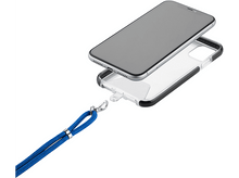 Charger l&#39;image dans la galerie, Un téléphone avec une coque transparente et un cordon bleu. Le téléphone est posé sur une coque transparente avec une bordure noire.
