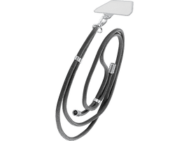 Un cordon de téléphone noir avec un support de téléphone en plastique transparent et des détails argentés.