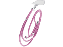 Lanière de téléphone rose avec une fixation en plastique transparent et un fermoir en métal.