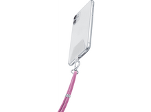Charger l&#39;image dans la galerie, Un téléphone blanc avec une coque transparente, attaché à un cordon rose par un clip argenté.
