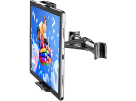 Tablette montée sur un support noir, affichant un dessin animé coloré. Fond noir.