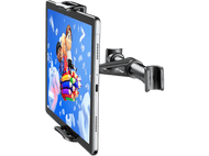 Tablette montée sur un support noir, affichant un dessin animé coloré. Fond noir.