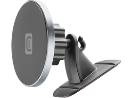 Un support de téléphone de voiture noir avec un anneau argenté. Le support a un tampon adhésif.