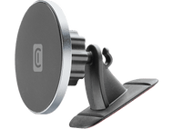 Un support de téléphone de voiture noir avec un anneau argenté. Le support a un tampon adhésif.