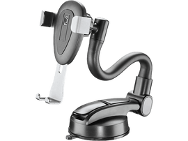 Support de téléphone de voiture noir avec bras flexible et ventouse, vue en angle.