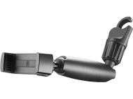 Support de téléphone de voiture. Bras noir, réglable. Isolé sur fond noir.