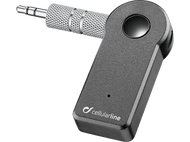 Récepteur Bluetooth : Appareil noir, rectangulaire, petit bouton et prise.