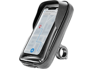 Téléphone dans un étui noir, monté sur un guidon de vélo, affichant une carte.