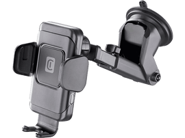 Support de téléphone de voiture noir avec ventouse. Le support est incliné vers la gauche.