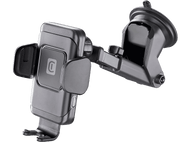 Support de téléphone de voiture noir avec ventouse. Le support est incliné vers la gauche.