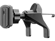 Support de voiture noir pour téléphone, avec clip et bras pivotant. Fond noir.