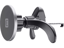 Support de voiture pour téléphone noir et argenté. Il a un support circulaire et un clip pour la ventilation.