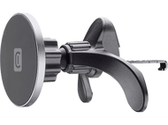 Support de voiture pour téléphone noir et argenté. Il a un support circulaire et un clip pour la ventilation.