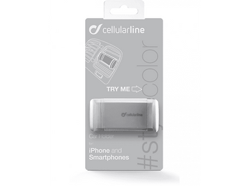 Emballage de support de téléphone de voiture avec un support de téléphone. Le fond est blanc.