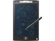 Tablette de dessin noire avec un stylet. L'écran affiche divers dessins colorés.