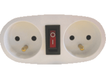 Adaptateur électrique blanc avec deux prises et un interrupteur marche/arrêt rouge.