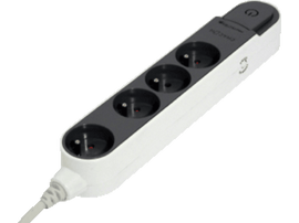 Multiprise blanche avec quatre prises, un dessus gris et un bouton marche/arrêt.