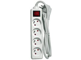 Multiprise blanche avec 4 prises, interrupteur rouge et câble blanc.