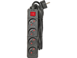 Multiprise noire avec quatre prises, interrupteur rouge et câble noir.