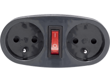 Charger l&#39;image dans la galerie, Adaptateur secteur gris avec deux prises, un interrupteur rouge et un bord noir, isolé sur blanc.
