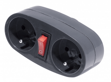 Charger l&#39;image dans la galerie, Un adaptateur secteur gris avec deux prises et un interrupteur marche/arrêt rouge, isolé sur fond blanc.
