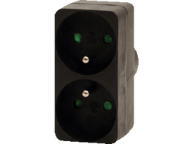 Adaptateur secteur noir avec deux prises. Points verts à l