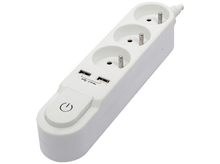 Charger l&#39;image dans la galerie, Multiprise blanche avec trois prises, deux ports USB et un bouton marche/arrêt.
