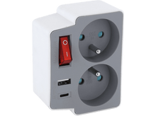 Charger l&#39;image dans la galerie, Un adaptateur secteur blanc et gris avec deux prises, un interrupteur et des ports USB.
