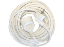 Charger l&#39;image dans la galerie, Rallonge blanche, enroulée, avec prise et prise de courant. Le tout sur fond blanc.
