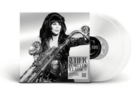 Photo en noir et blanc de Cher sur une moto, pochette d'album. Deux disques vinyles transparents sont visibles.