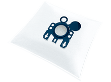 Charger l&#39;image dans la galerie, Un sac d&#39;aspirateur blanc avec un support en plastique bleu foncé, sur fond noir.
