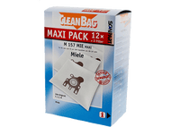 Une boîte CleanBag Maxi Pack avec des sacs d'aspirateur, avec du texte et des images.