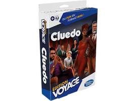 Boîte de jeu de société Cluedo avec diverses illustrations de personnages, fond blanc.