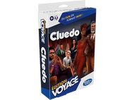 Boîte de jeu de société Cluedo avec diverses illustrations de personnages, fond blanc.