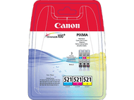 Un emballage de cartouches d'encre Canon, montrant des cartouches d'encre cyan, magenta et jaune.