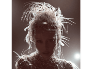 Une femme avec une coiffe élaborée, ornée d'éléments irisés délicats. Elle regarde le spectateur avec un léger regard. Le fond est sombre.