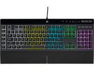 Clavier de jeu Corsair noir avec touches rétro-éclairées colorées sur fond noir.