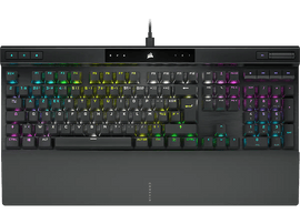 Clavier noir avec touches colorées, câble attaché. La marque Corsair est visible.