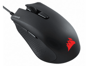 Souris gaming Corsair noire. Logo et accents rouges. Prise texturée sur le côté.