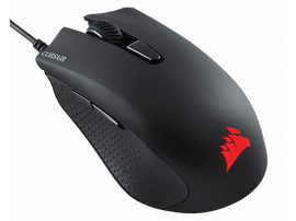 Souris gaming Corsair noire. Logo et accents rouges. Prise texturée sur le côté.