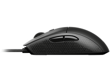 Charger l&#39;image dans la galerie, Une souris de jeu noire vue de côté avec une prise texturée et un câble s&#39;étendant vers la gauche.
