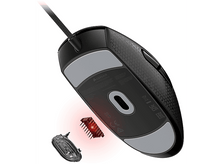Charger l&#39;image dans la galerie, Souris Corsair noire, démontée avec lumière rouge et composants.
